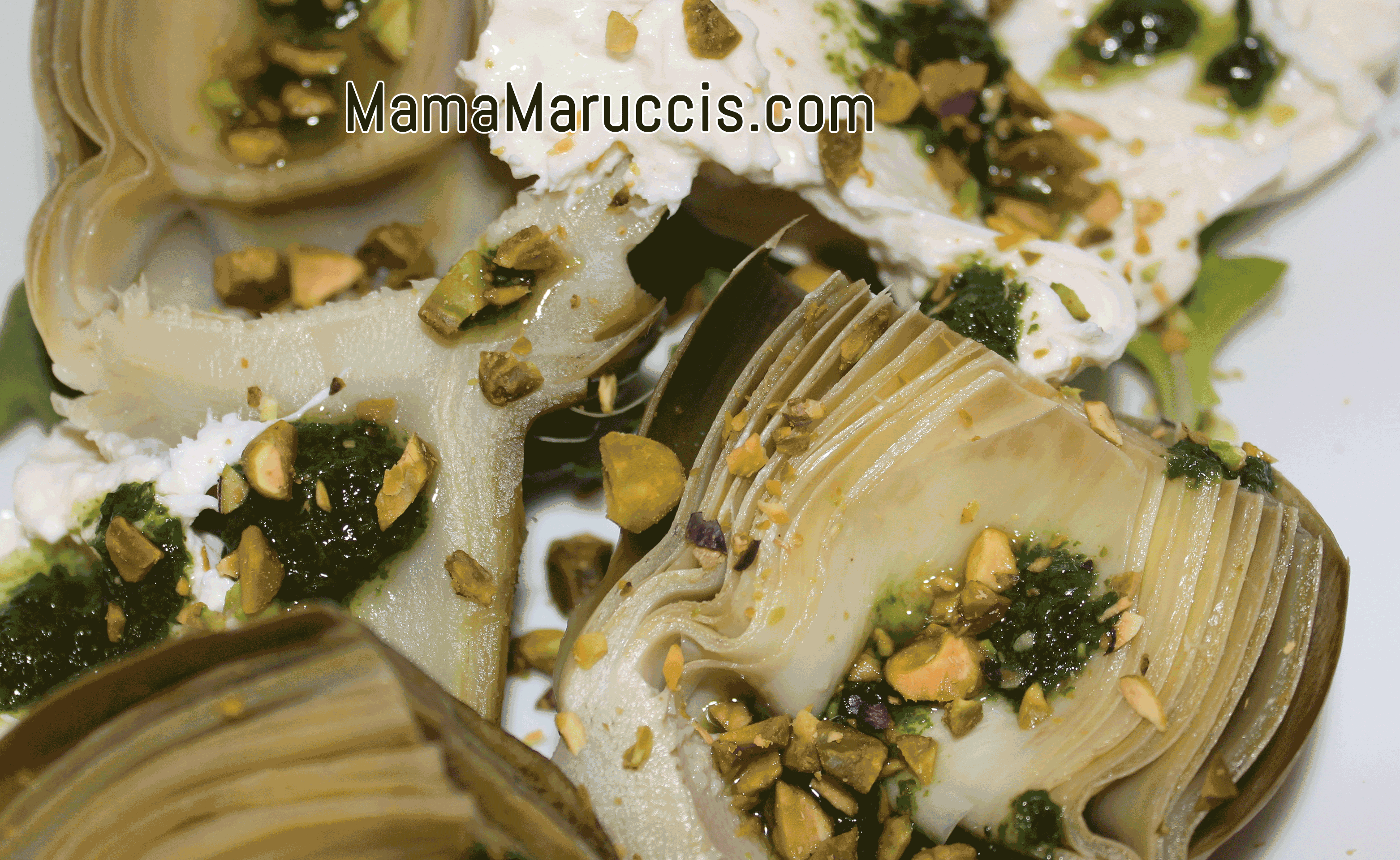mama Marucci's Artichokes with Pistachio Pesto and Burrata